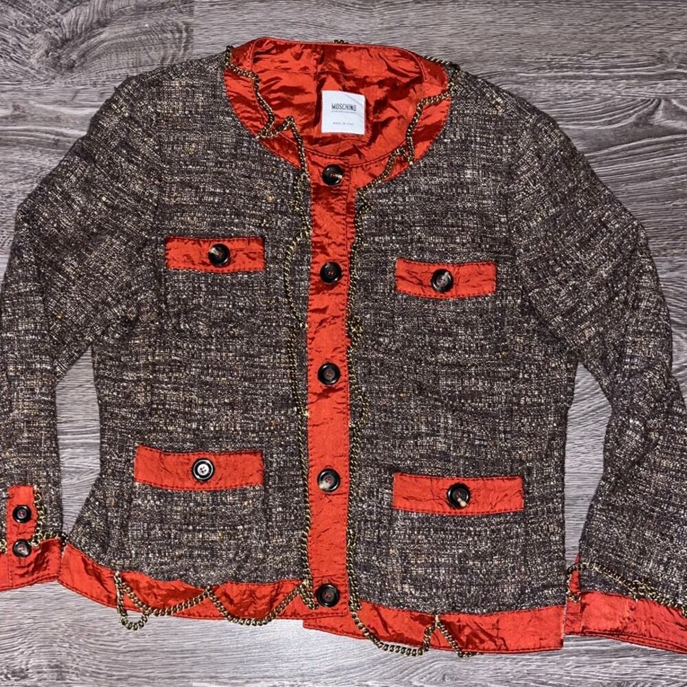 Moschino Cheap & Chic Wool Silk Tweed Jacket Red Trim Chain Italy 44 (379)